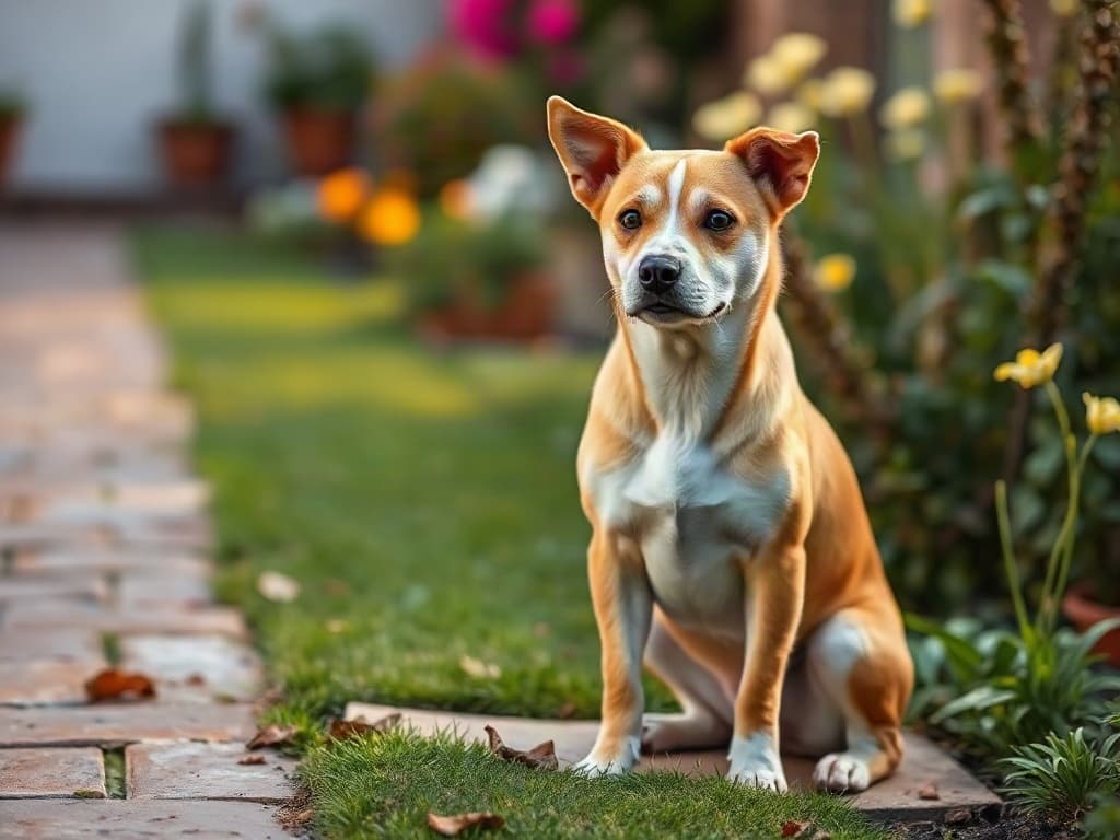 A tan-and-white mixed-breed dog sitting attentively on a garden path.