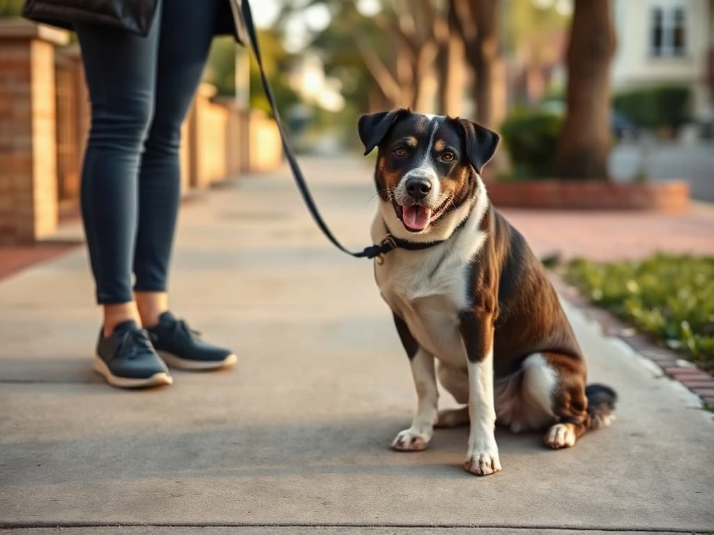 A black-and-white dog sitting beside its handler on a quiet neighborhood sidewalk.
